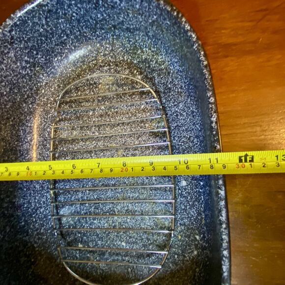 Vintage Blue Speckled Enamel Oval Roaster XL Pan Lid Rack Farmhouse Country - Picture 5 of 6